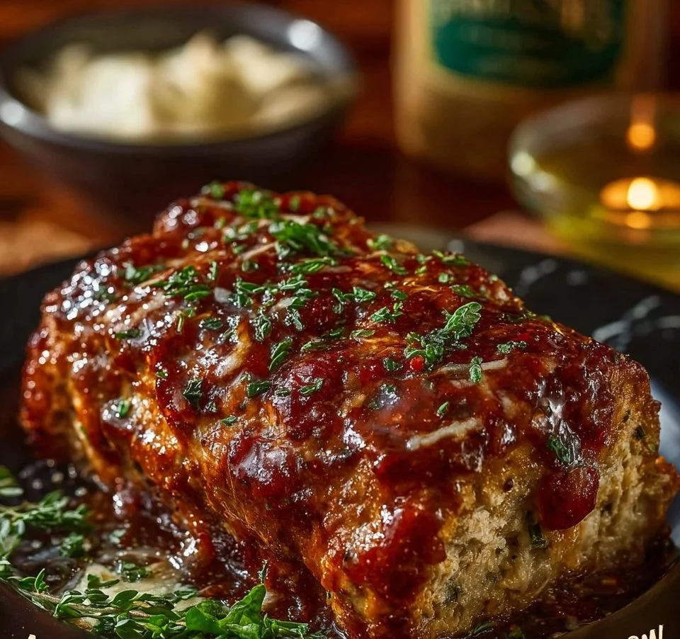 Delicious melt-in-your-mouth Garlic Parmesan Chicken Meatloaf served on a plate