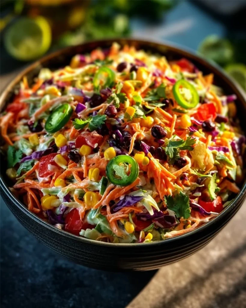Bowl of colorful Mexican Coleslaw with fresh vegetables and dressing