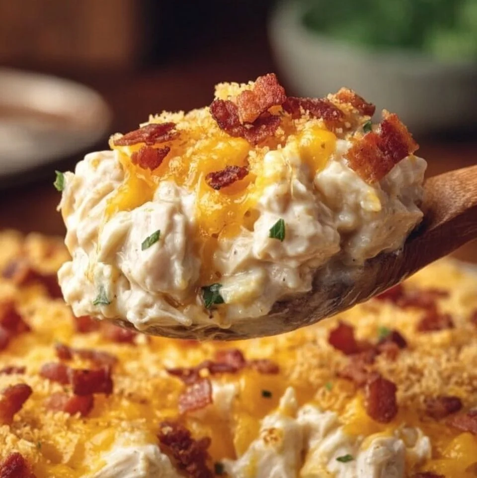 Delicious Million Dollar Chicken Casserole topped with cheese and herbs
