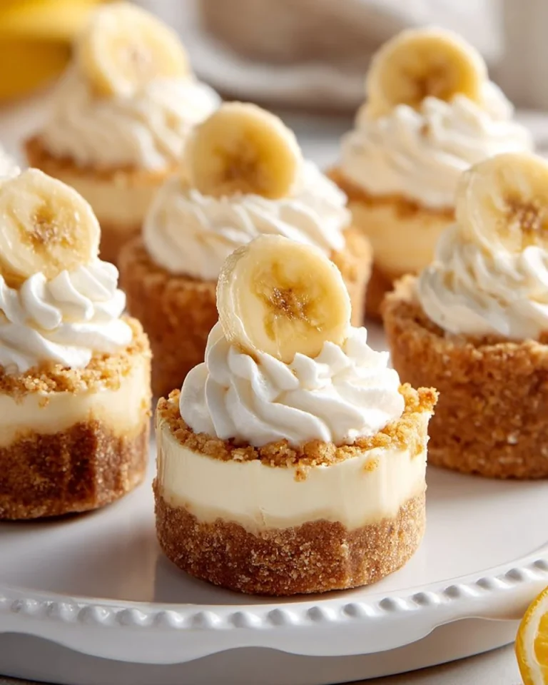 Mini banana cheesecakes topped with whipped cream and banana slices.