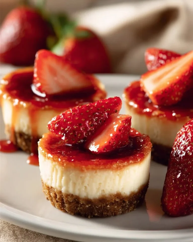 Mini Strawberry Cheesecakes topped with fresh strawberries and cream