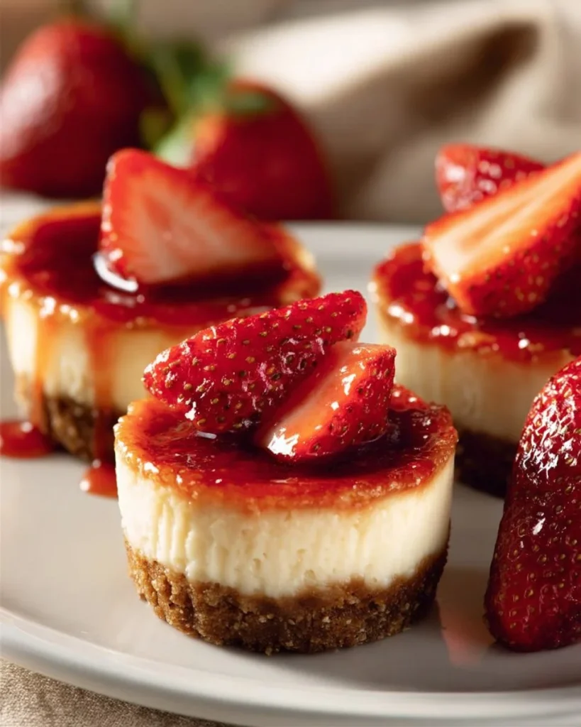 Mini Strawberry Cheesecakes topped with fresh strawberries and cream