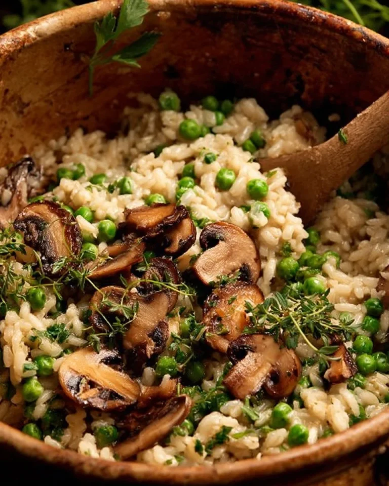 Delicious mushroom risotto served in a bowl garnished with fresh herbs.