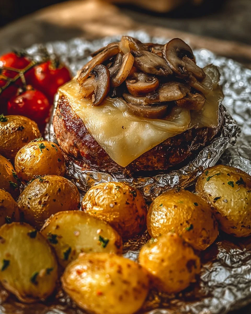 Mouthwatering Mushroom Swiss Burger in a foil packet ready for grilling