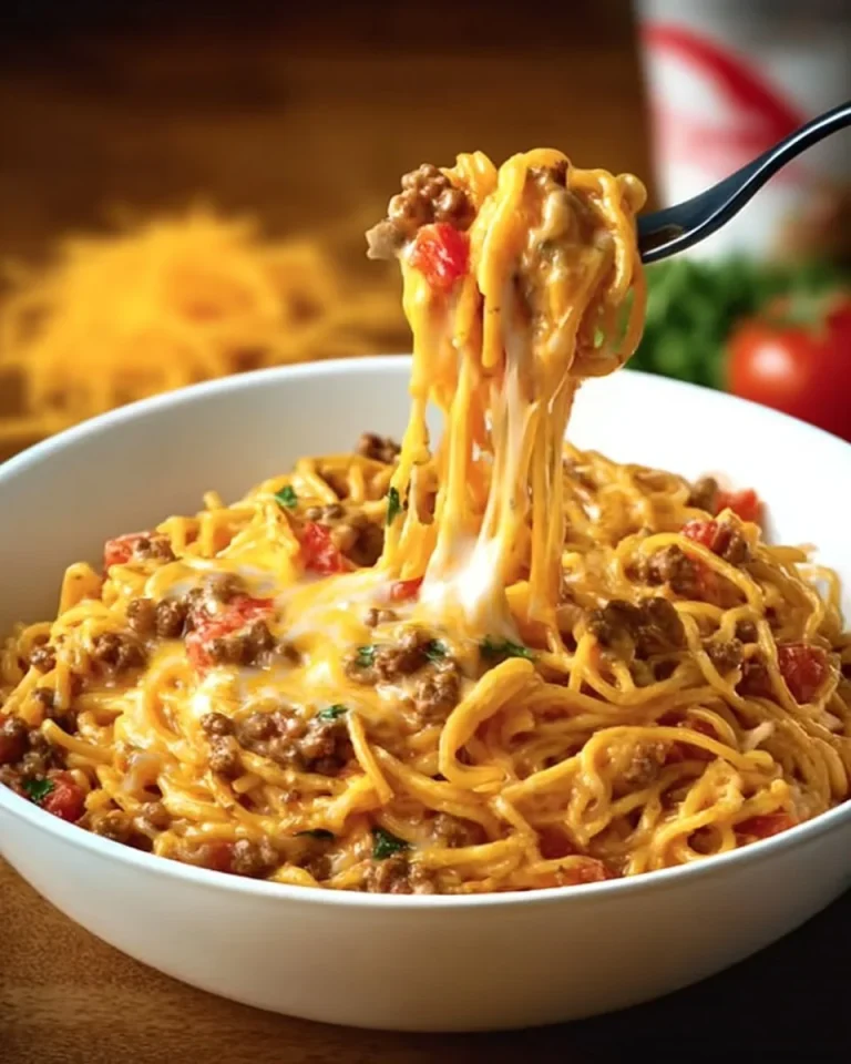 Plate of delicious Nacho Spaghetti topped with cheese, jalapeños, and salsa.