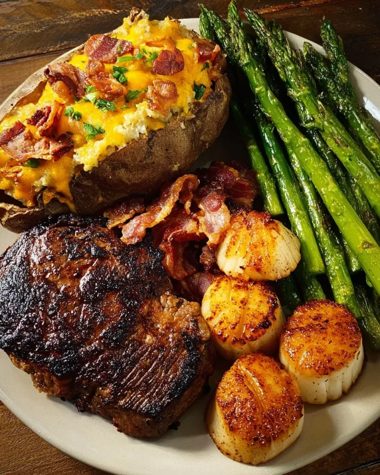 Delicious New York Strip steak served with scallops and asparagus.