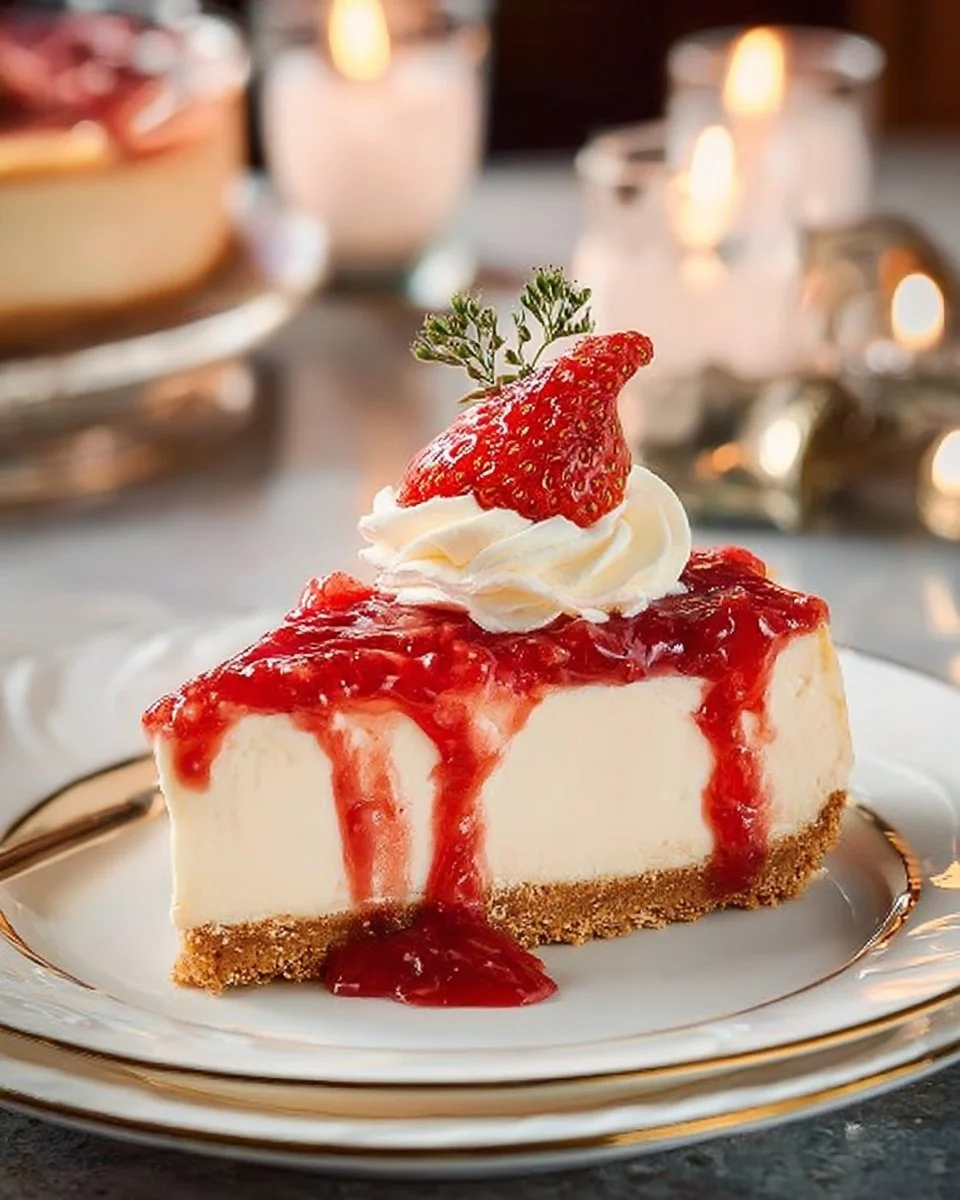 No Bake Strawberry Cheesecake topped with fresh strawberries