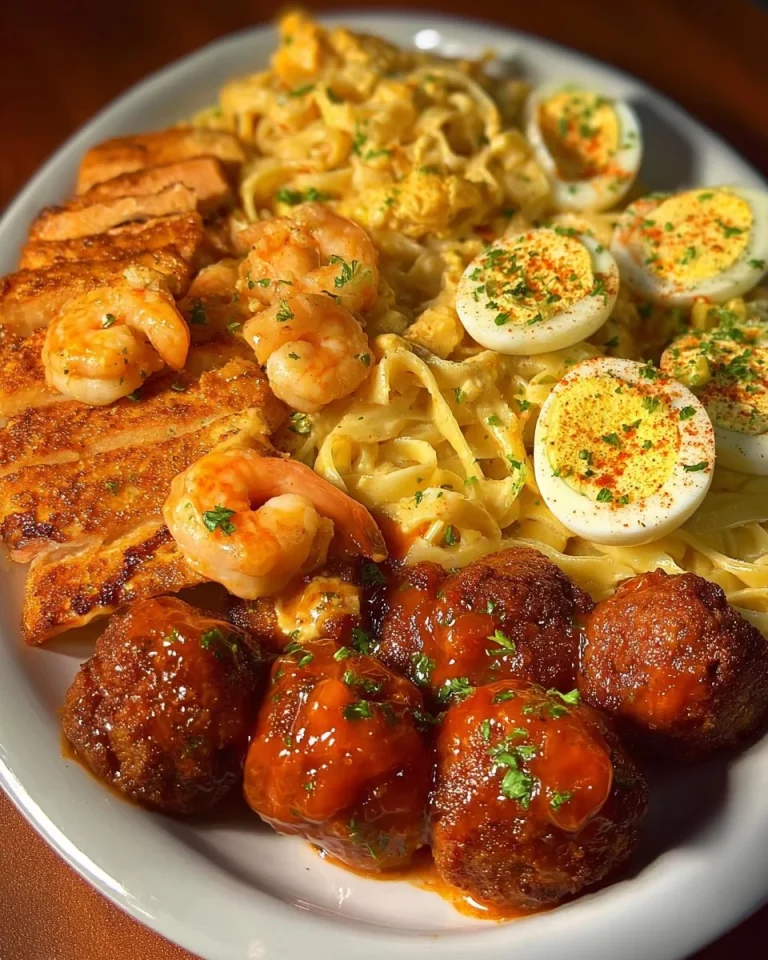 Beautifully arranged baby shower plate with shrimp Alfredo and deviled eggs