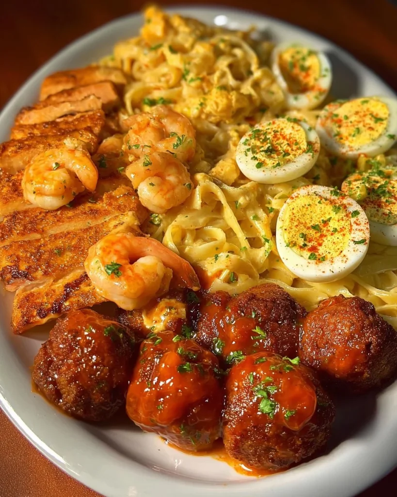 Beautifully arranged baby shower plate with shrimp Alfredo and deviled eggs
