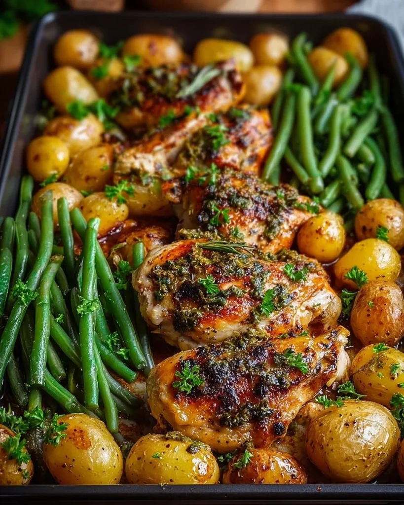 One-Pan Garlic Herb Chicken with Roasted Potatoes and Green Beans on a plate