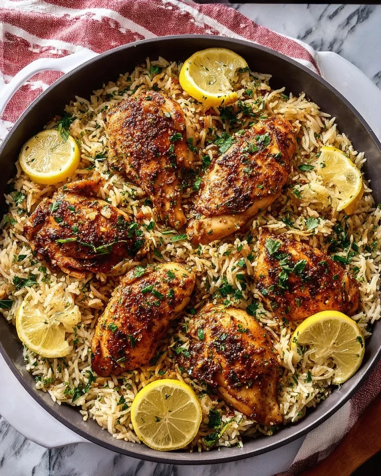 One-Pan Lemon Chicken with Rice served with fresh herbs and lemon slices.