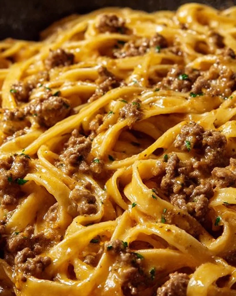One-Pot Creamy Beef and Garlic Butter Pasta dish