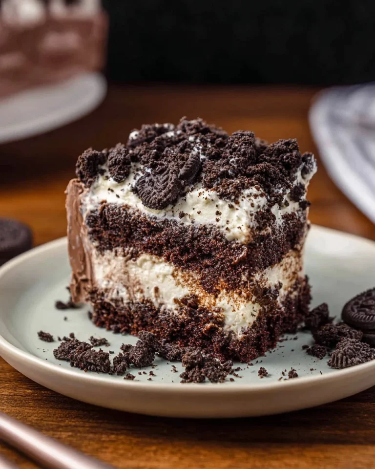 Delicious Oreo Poke Cake topped with whipped cream and Oreo cookie pieces.