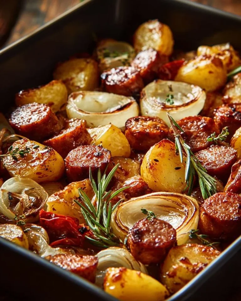 Oven roasted smoked sausage and potatoes on a serving plate