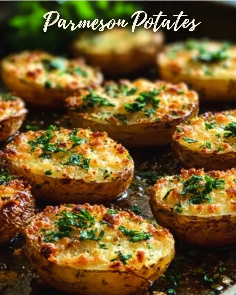 Crispy Parmesan Baked Potatoes topped with cheese and herbs.