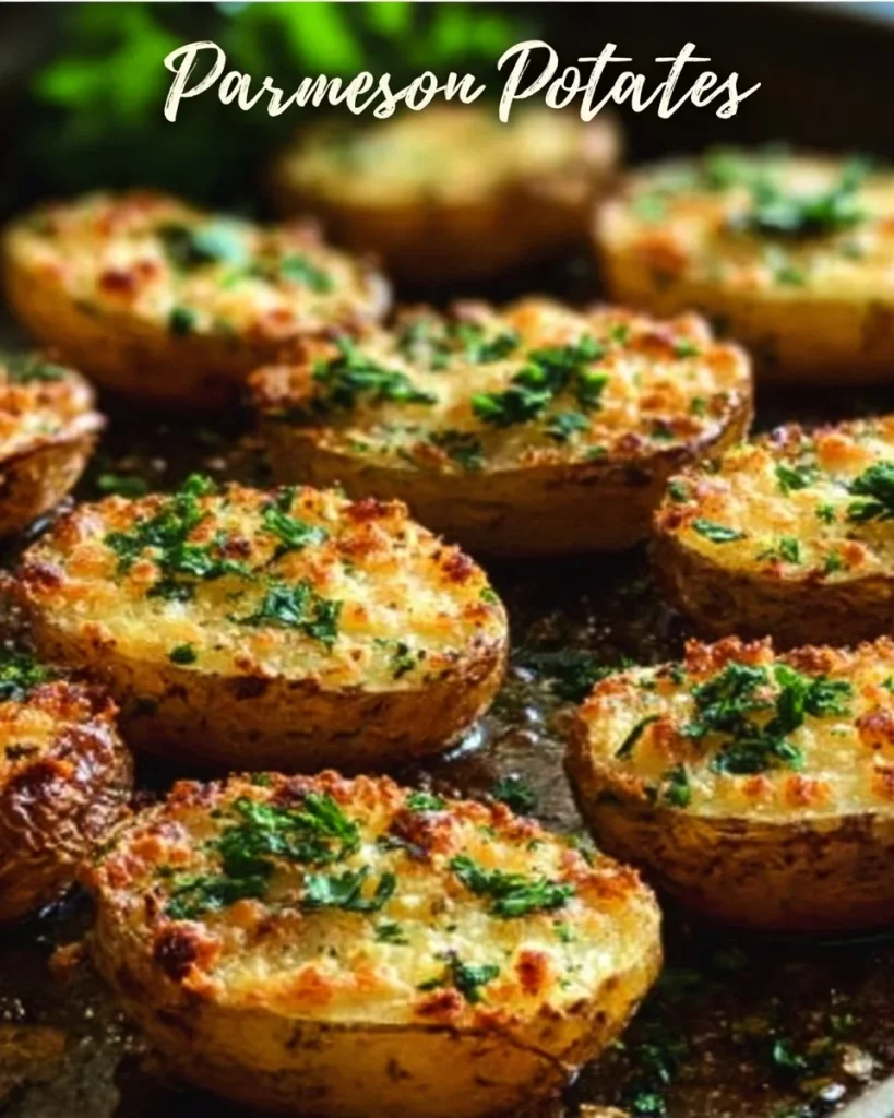 Crispy Parmesan Baked Potatoes topped with cheese and herbs.