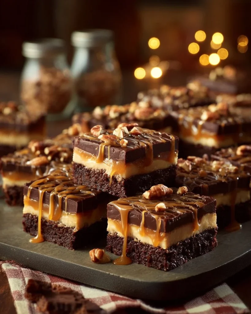 Delicious Payday Cookie Bars with caramel and peanuts on a wooden serving board.