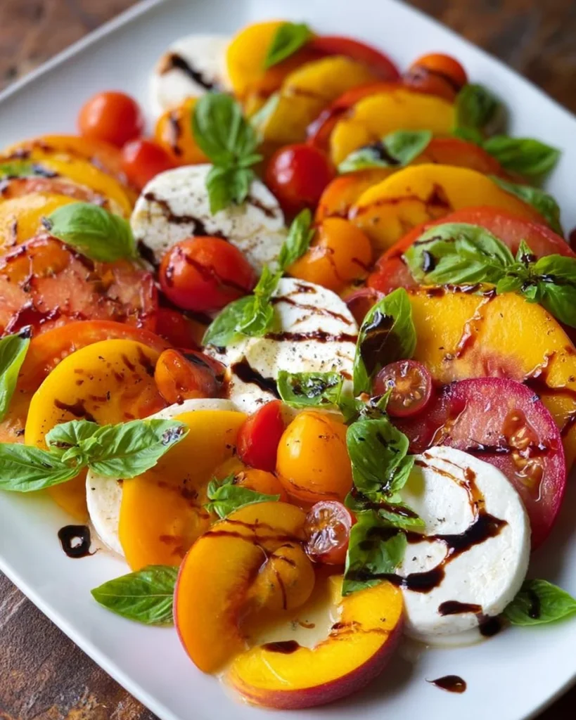 Peach Tomato Burrata Salad with vibrant colors and fresh ingredients