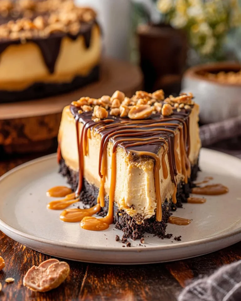 Delicious homemade Peanut Butter Cheesecake slice on a plate.