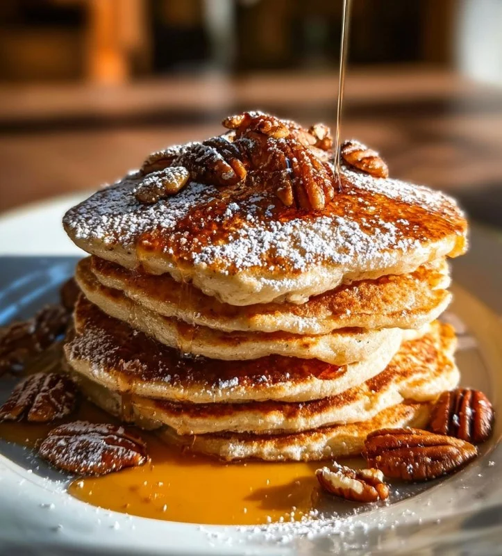Stack of pecan pie pancakes with butter syrup on a plate