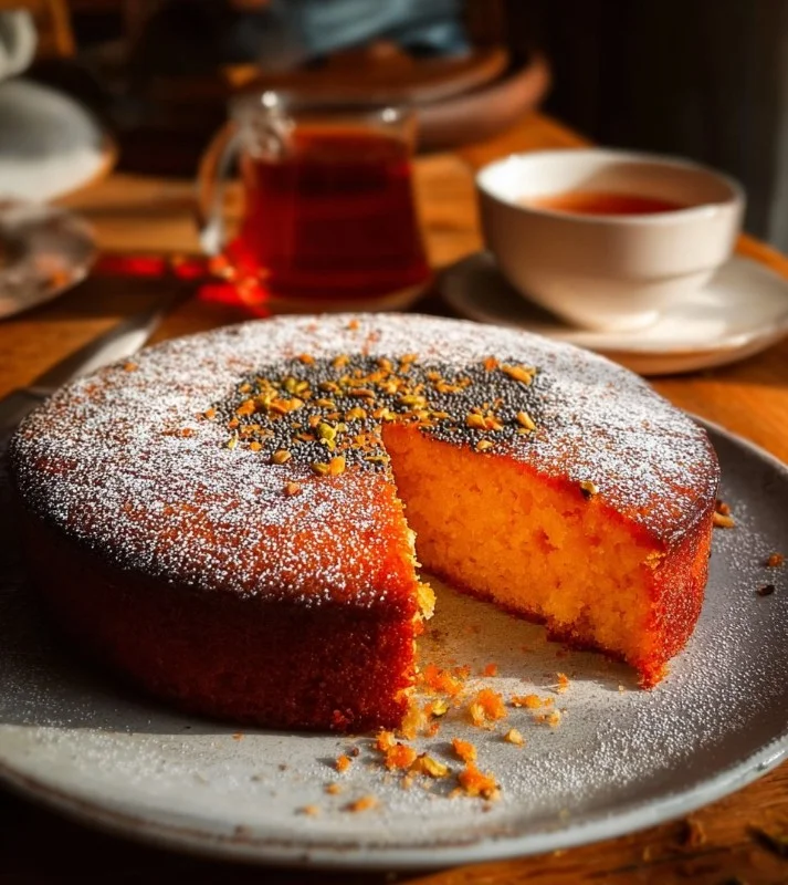 Persian Orange Cake with cardamom and poppy seeds, beautifully decorated.