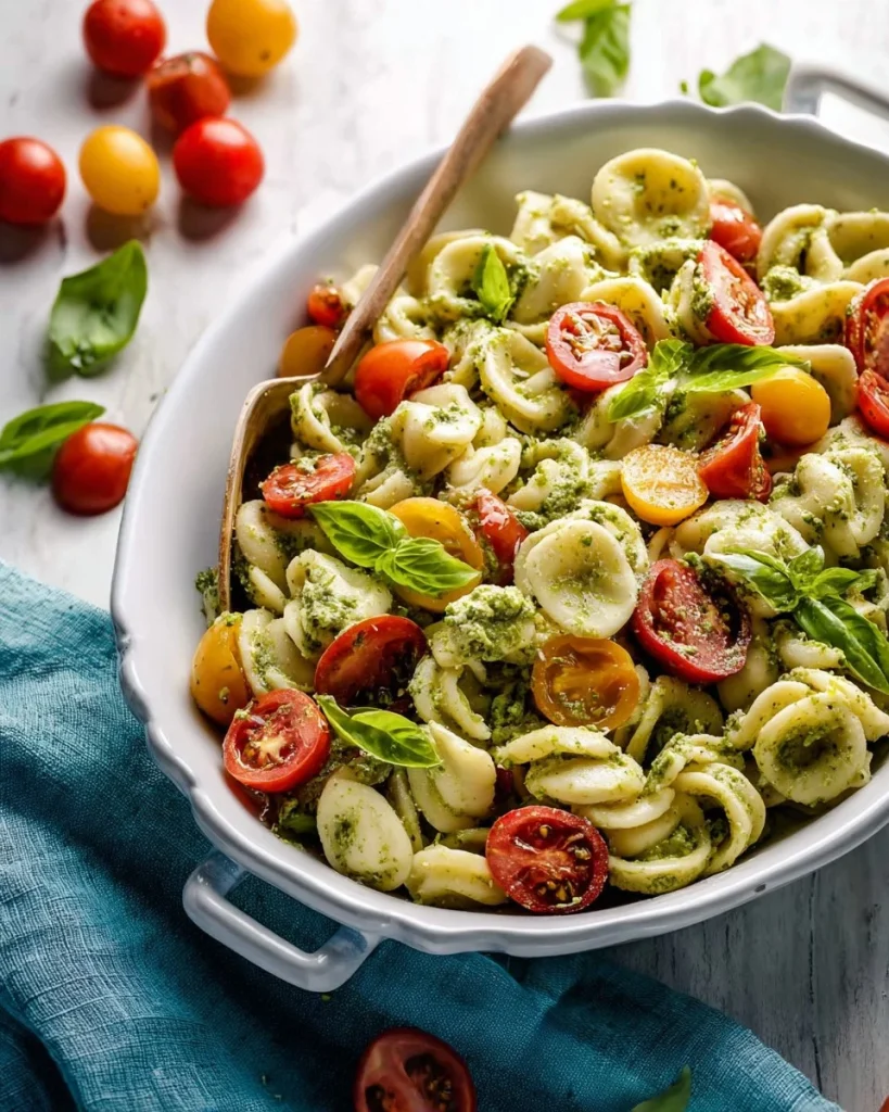 A vibrant Pesto Caprese Pasta Salad with fresh tomatoes, mozzarella, and basil