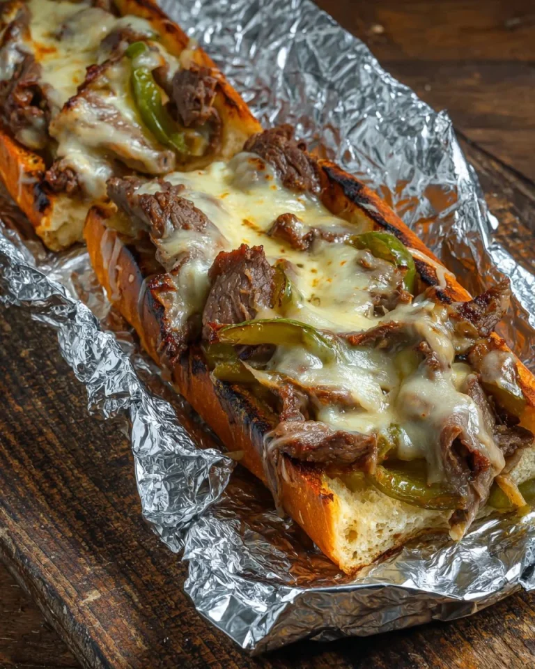Philly cheesesteak French bread pizza topped with cheese and peppers