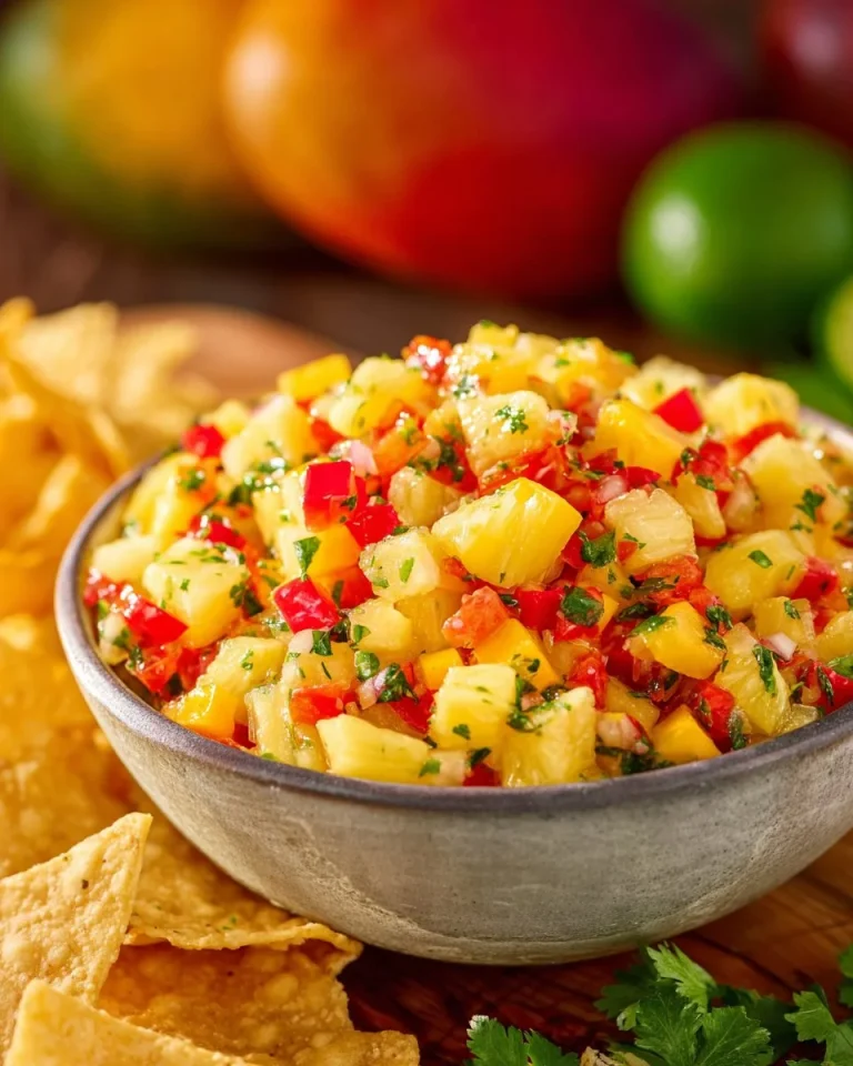 Pineapple Mango Salsa served in a bowl with chips