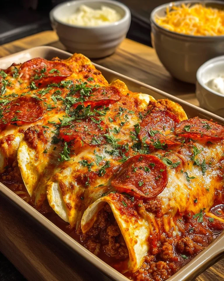 Delicious Pizza Enchiladas topped with ground beef and cheese