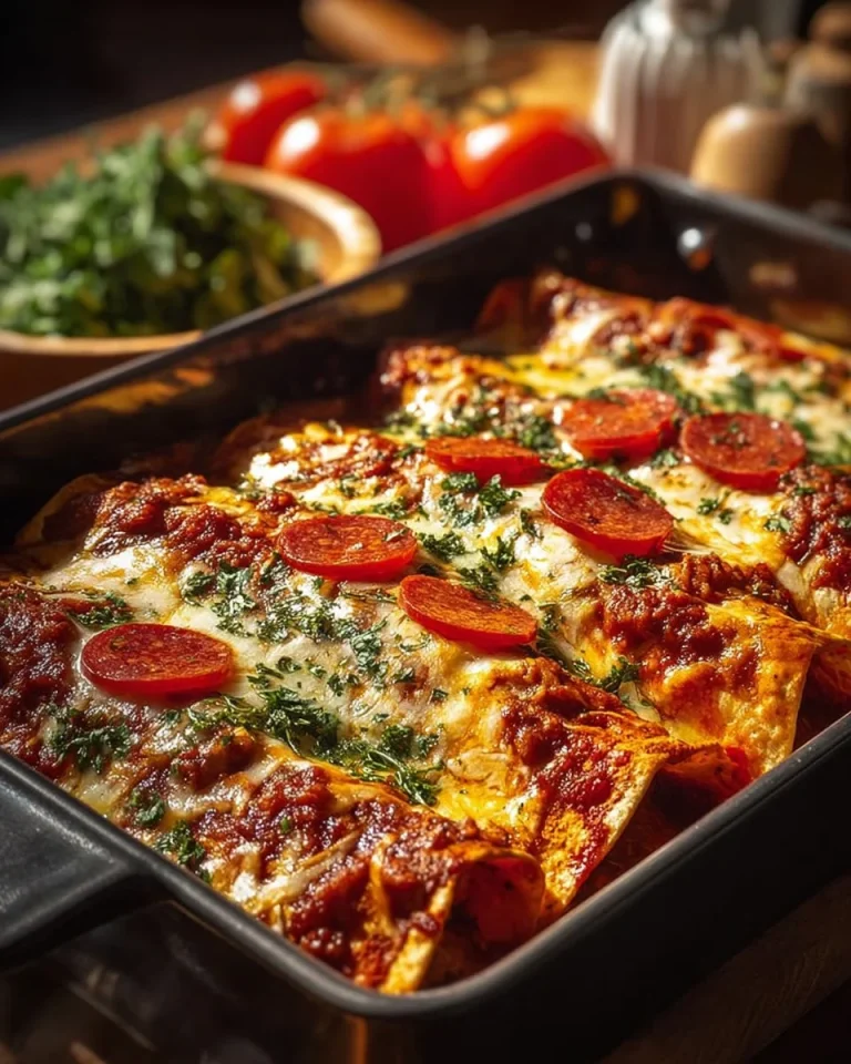 Delicious Pizza Enchiladas topped with ground beef and melted cheese