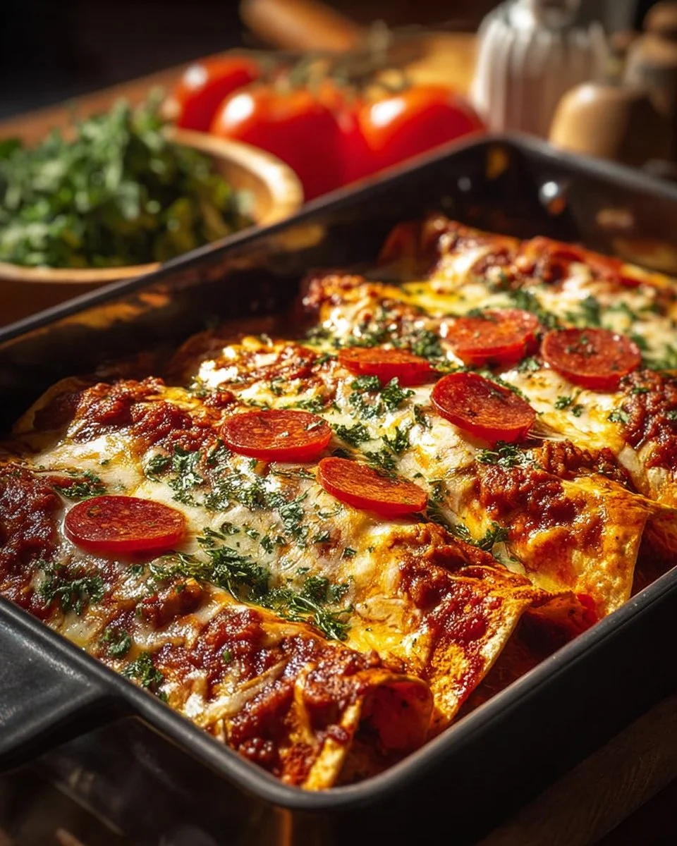 Delicious Pizza Enchiladas topped with ground beef and melted cheese