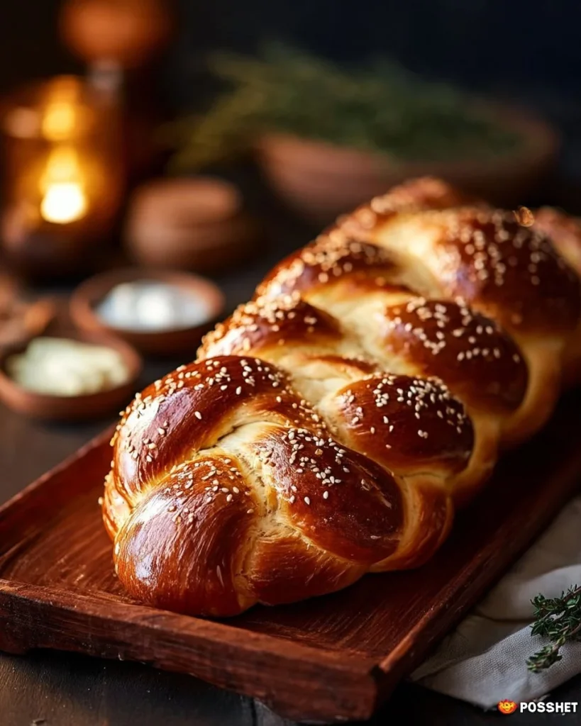 Freshly baked Polish braided bread (challah) on a rustic wooden table