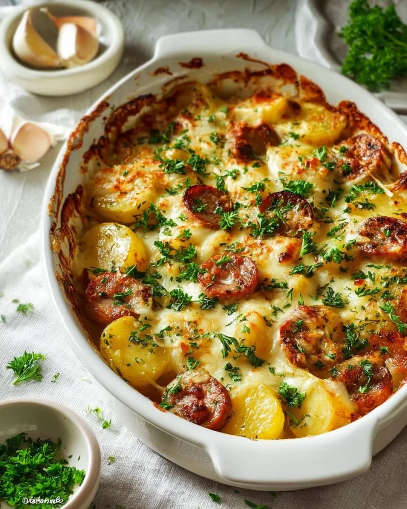 Delicious Polish casserole with sausage served warm in a rustic dish