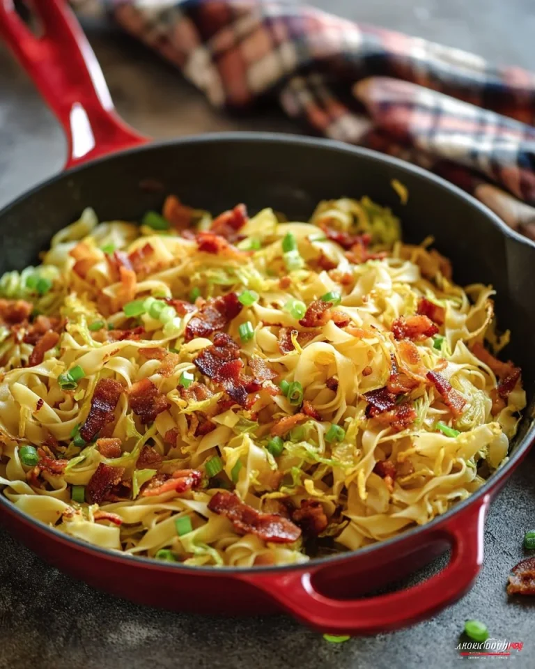 Plate of Polish Haluski featuring fried cabbage and noodles