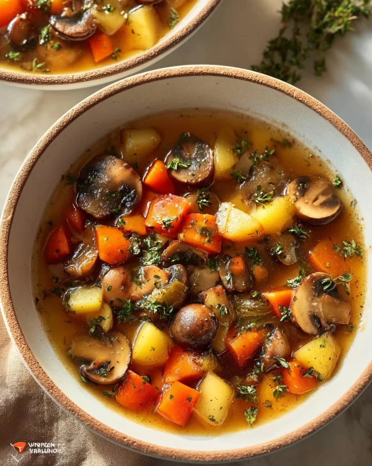 A bowl of traditional Polish Mushroom Soup garnished with herbs.