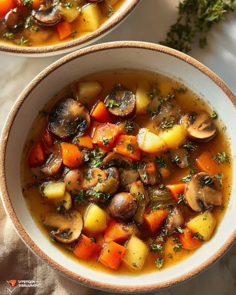 A bowl of traditional Polish Mushroom Soup garnished with herbs.