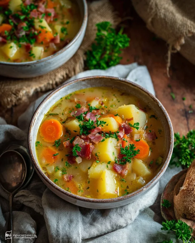 Bowl of traditional Polish split pea soup garnished with herbs and spices