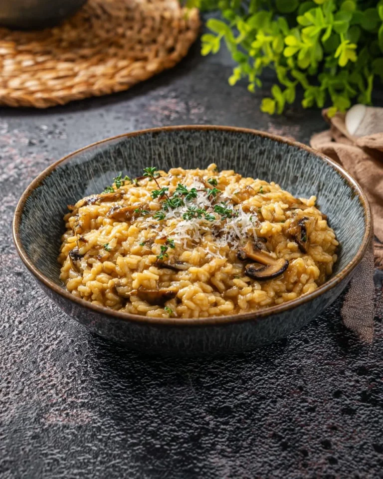 Delicious Portobello Risotto garnished with herbs