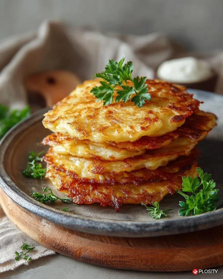 Crispy homemade potato pancakes served with sour cream and chives.