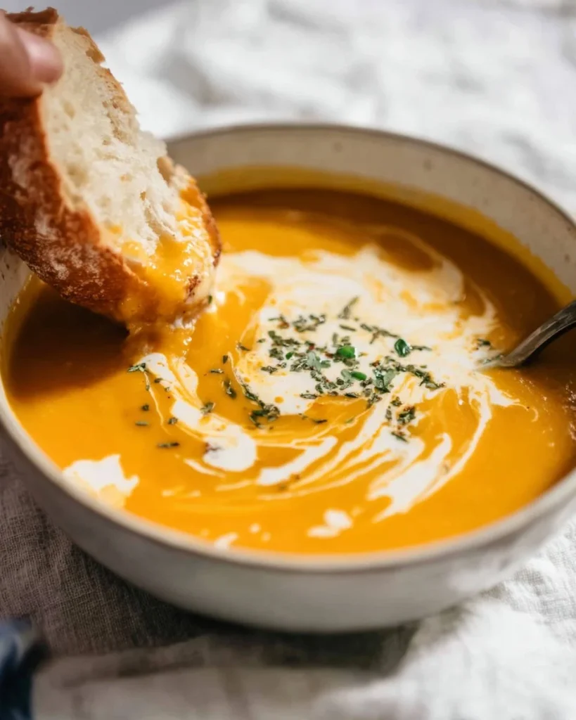 Bowl of classic pumpkin soup garnished with cream and herbs