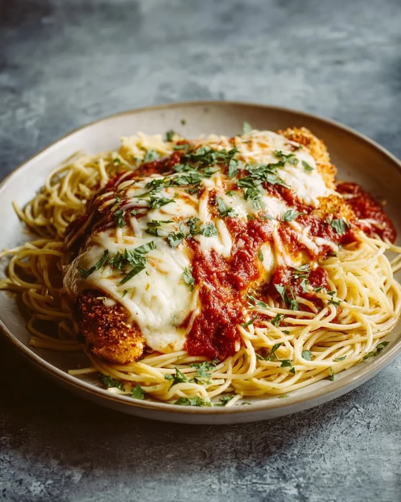 Delicious quick baked chicken parmesan served with pasta and garnished with herbs