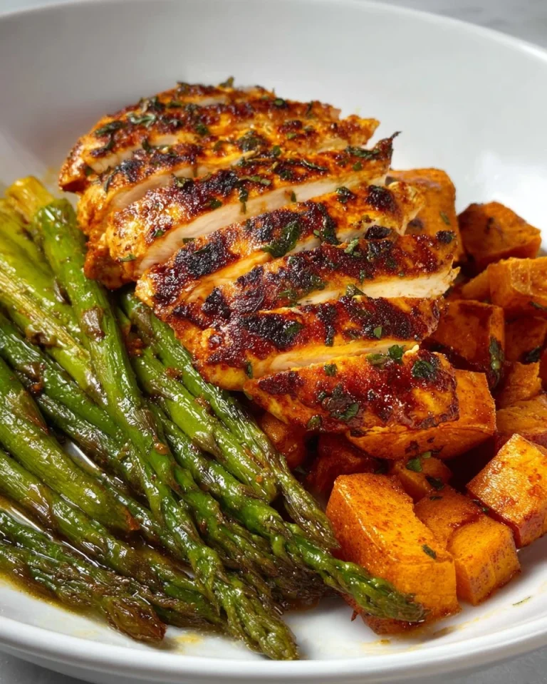 Delicious sheet pan chicken with roasted sweet potatoes and asparagus on a baking tray.