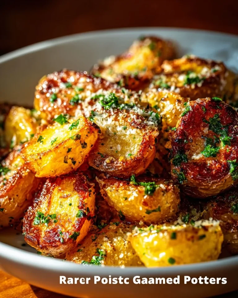 Roasted garlic butter parmesan potatoes garnished with herbs in a baking dish