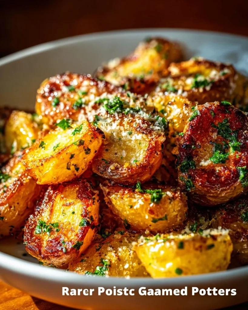 Roasted garlic butter parmesan potatoes garnished with herbs in a baking dish