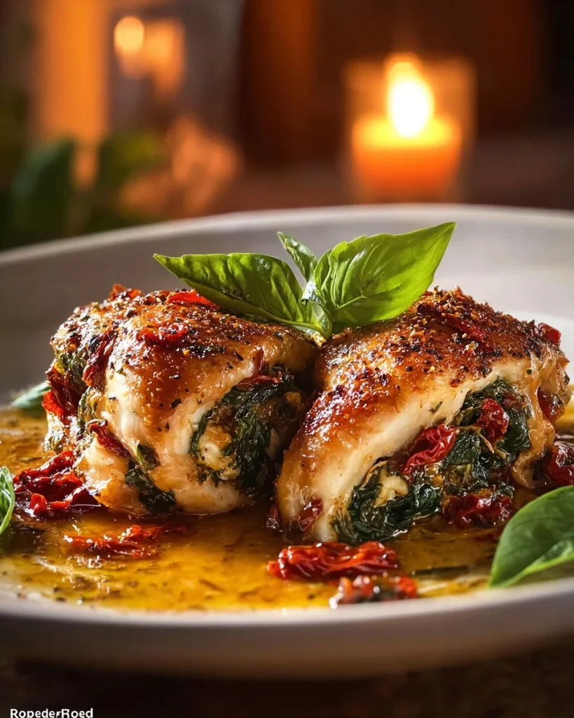 Roasted red pepper, spinach, and mozzarella stuffed chicken served on a plate