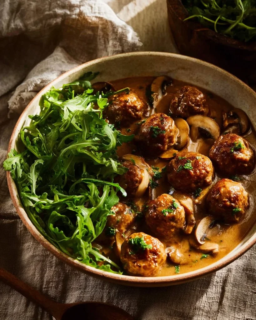Salisbury steak meatballs served with mushroom gravy on a plate