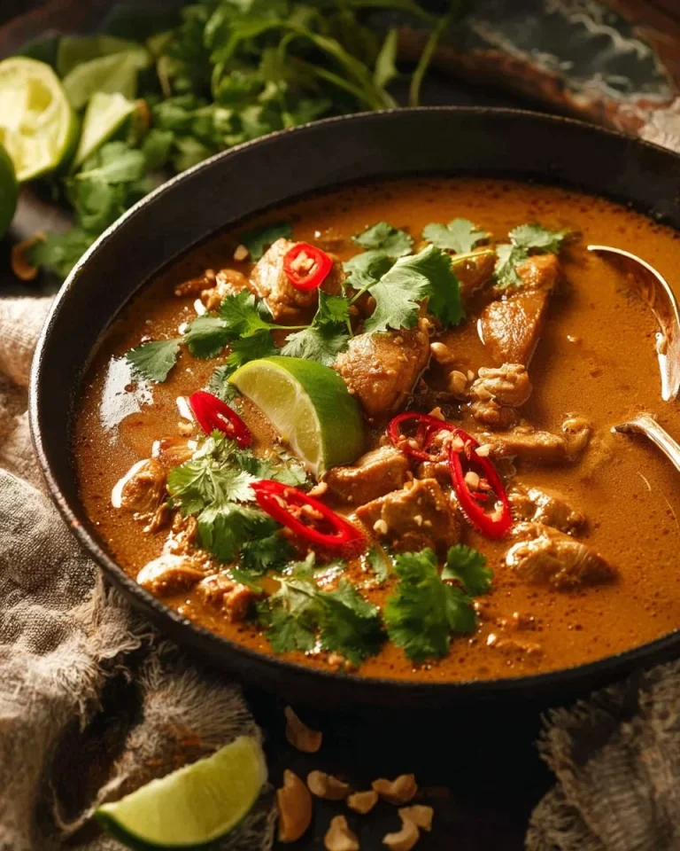 Delicious plate of Satay Chicken Curry garnished with herbs and served with rice.