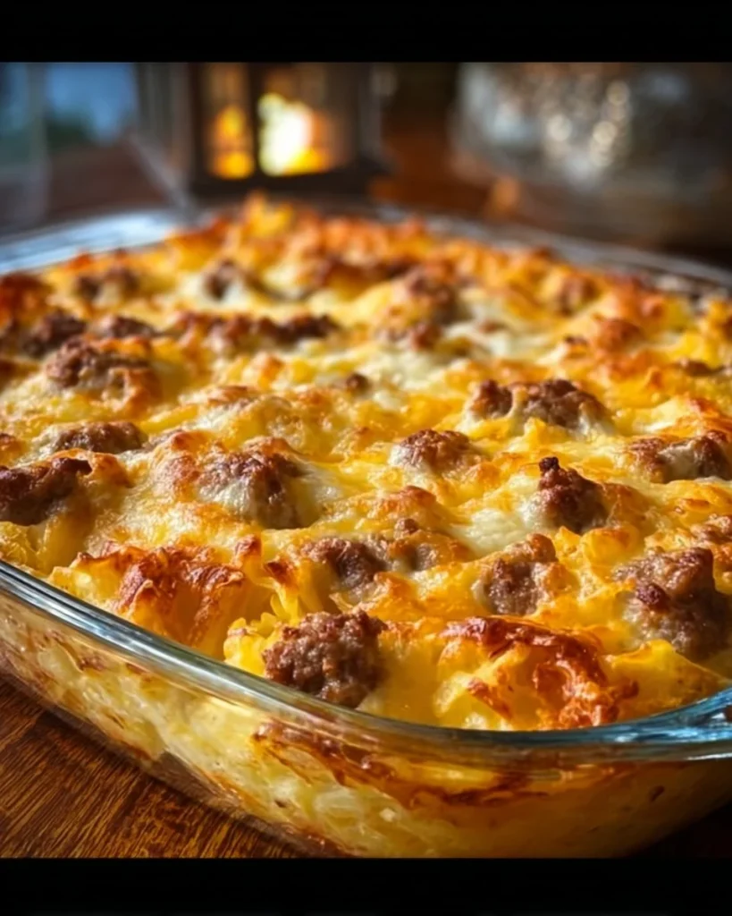 Sausage, Egg and Hash Brown Breakfast Bake served on a plate