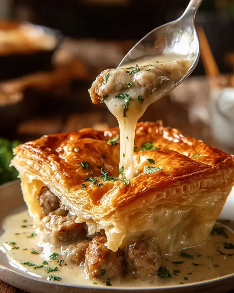 Sausage Gravy Puff Pie with flaky crust and rich sausage filling