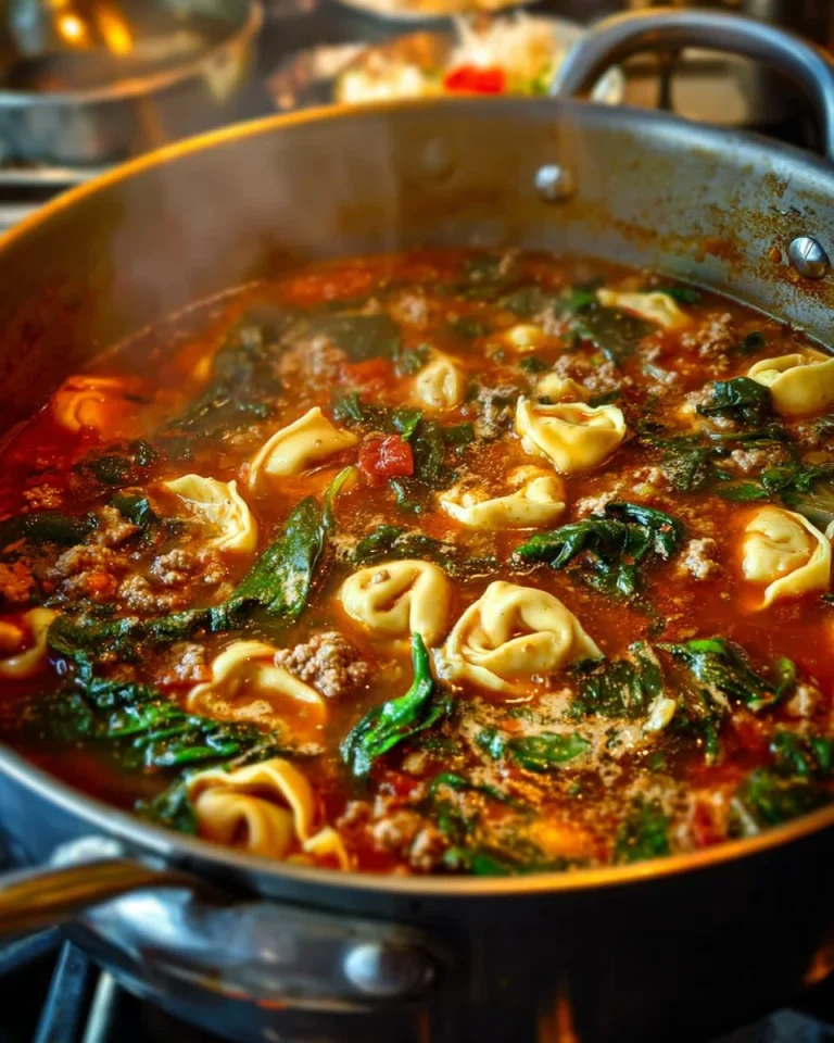 Bowl of Sausage Tortellini Soup garnished with herbs